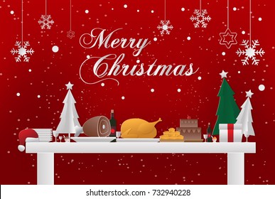 holiday celebration concept merry christmas with turkey and any food for family,paper art design vector eps10