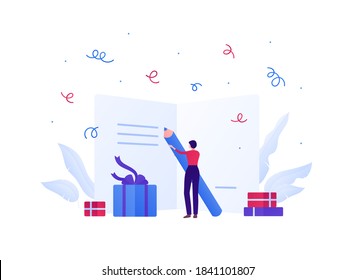 Holiday celebration concept. Vector flat people illustration. Woman holding pencil and write on greeting card paper. Wrapped gift box and confetti symbol. Design element for banner, web.