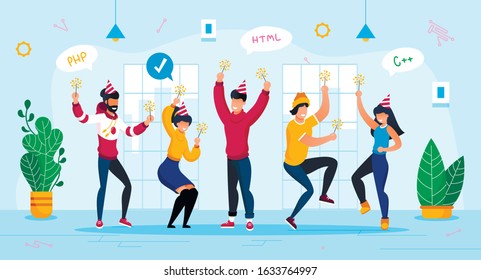 Holiday Celebration, Corporate Party Trendy Flat Vector Concept. IT Company Employees, Software Developers, Programmers Team Having Fun, Dancing Together with Sparklers in Hands in Office Illustration