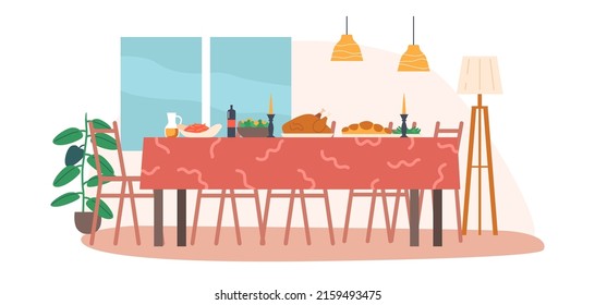 Celebración de feriados, Cena. Cocina interior con mesa de madera cubierta de manteles, utensilios, comida, Turquía y sillas. Habitación con Muebles y Lámparas. Ilustración del vector de dibujos animados