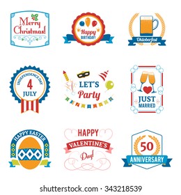 Holiday celebration emblems set with birthday Christmas and Easter symbols flat isolated vector illustration 