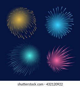 Holiday celebration fireworks set vector illustration. Blue, green, yellow and purple firework explosions on the night sky.