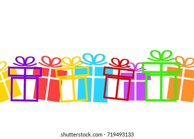 Holiday celebration greeting card design with colorful gift boxes; stock vector illustration