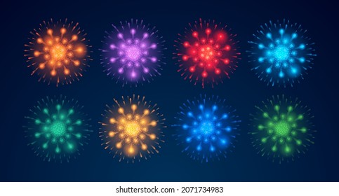 Holiday celebration and greetings, fireworks bursting and exploding set. Festivity and glowing pyrotechnics, shimmer and glowing, sparkling and shining effects in evening. Vector illustration