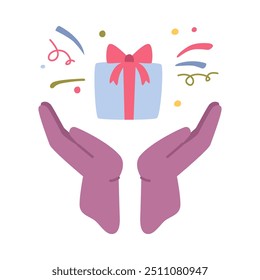 Holiday celebration, hand holding present in box. Vector flat gift with wrapping and flying ribbons confetti. Receiving or giving surprise, special occasion, Christmas or birthday, valentines day