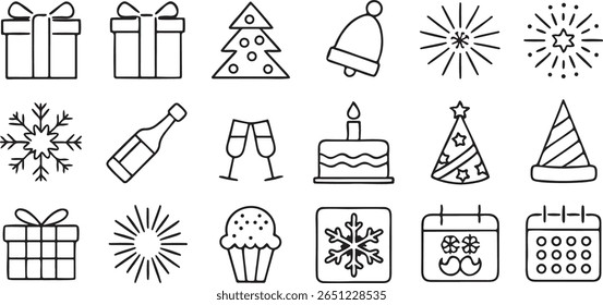 holiday and celebration icon set, solid black, Christmas New Year tree gift, editable minimal symbols, no outline, flat vector style
