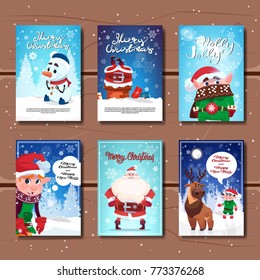 Holiday Celebration Invitations Design Set Of Christmas And New Year Greeting Cards Flat Vector Illustration