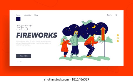 Holiday Celebration Landing Page Template. Correct Way to Set off Fireworks. Happy Family Characters Mother and Child Stand on Distance Look on Father Burning Petard. Linear People Vector Illustration