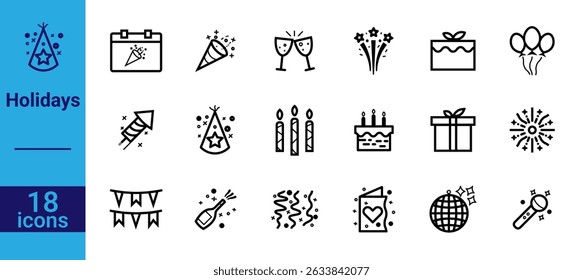 Holiday and Celebration Line Icons Set. A clean, modern icon set for events, birthdays, and seasonal celebrations. Ideal for web, app, print, and digital use.	