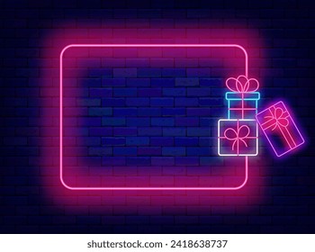 Holiday celebration neon advertising. Many gift boxes and empty pink frame. Casino and surprise. Copy space. Bright flyer. Happy Birthday glowing poster. Editable stroke. Vector stock illustration