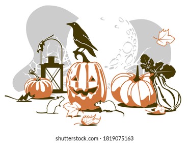 Holiday celebration objects set with pumpkins, crow, rats, gas lamp, autumn leaves silhouette on the moonlight