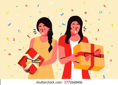 Holiday, celebration, party, gift concept. Young hapy excited women girls friends sisters cartoon characters celebrating holding present boxes together. Birthday souvenirs giveaway event illustration