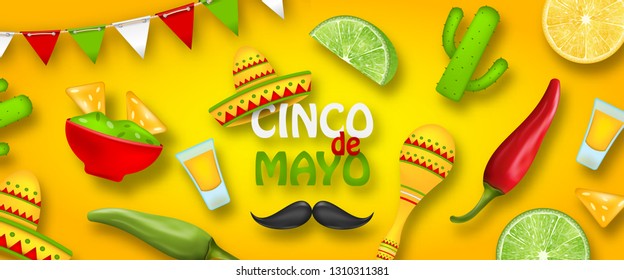 Holiday Celebration Poster for Cinco De Mayo with Chili Pepper, Sombrero Hat, Maracas, Piece of Lime, Cactus - Illustration Vector