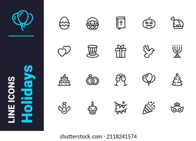 Holiday and celebration related icons set vector illustration. Various decorations for holidays line icon. Festive events, happiness concept