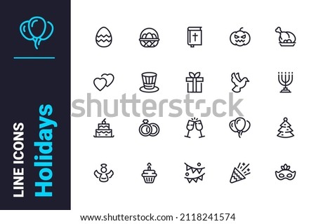 Holiday and celebration related icons set vector illustration. Various decorations for holidays line icon. Festive events, happiness concept