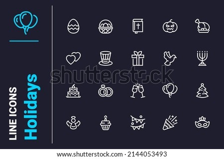 Holiday and celebration related icons set vector illustration. Various decorations for holidays line icon. Festive events, happiness concept