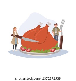 Holiday Celebration with Tiny Human and Oversized Thanksgiving Feast. Thanksgiving Dinner Humor. Tiny Man with Huge Food Cartoon Character