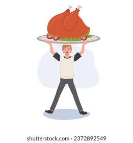 Holiday Celebration with Tiny Human and Oversized Thanksgiving Feast. Thanksgiving Dinner Humor. Tiny Man with Huge Food Cartoon Character