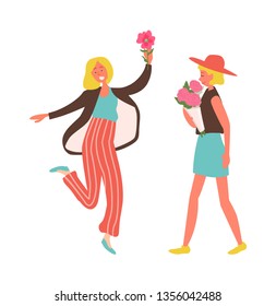 Holiday celebration vector, woman wearing stylish hat walking with roses bouquet gathered in wrapping. Female jumping of happiness isolated people