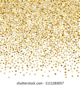 Holiday celestial background. Festive Confetti Vector illustration. Scatter of gradient golden glittering stars. Abstract Dynamic Vector backdrop for celebration decorations, packaging, textile design