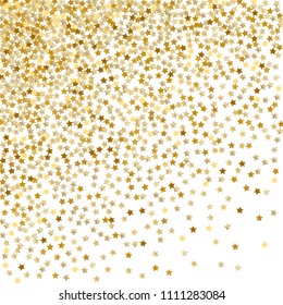 Holiday celestial background. Festive Confetti Vector illustration. Scatter of gradient golden glittering stars. Abstract Dynamic Vector backdrop for celebration decorations, packaging, textile design