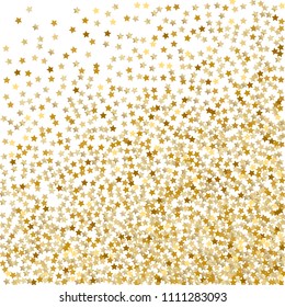 Holiday celestial background. Festive Confetti Vector illustration. Scatter of gradient golden glittering stars. Abstract Dynamic Vector backdrop for celebration decorations, packaging, textile design