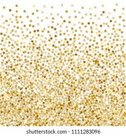 Holiday celestial background. Festive Confetti Vector illustration. Scatter of gradient golden glittering stars. Abstract Dynamic Vector backdrop for celebration decorations, packaging, textile design