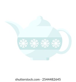 Holiday ceramic teapot for pouring hot drink with winter ornament. Festive weekend festive tableware for guests for cartoon vector illustration isolated on white background