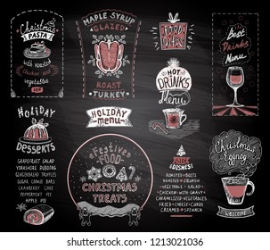 Holiday chalkboard menu set, christmas and new year classic dishes, desserts and drinks, festive food and treats, alcohol