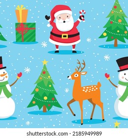 Holiday character pattern. Santa, reindeer, snowman, and Christmas tree arranged to repeat seamlessly. Vector patterns are great for backgrounds and surface designs.