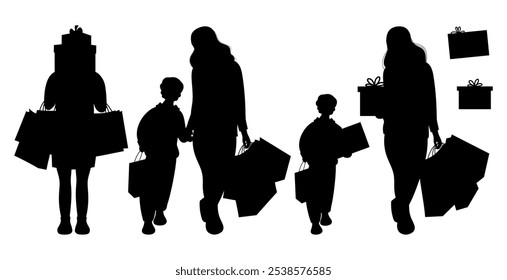 Holiday character, Shopping set. Character with mountain of boxes, Woman and child boy with packages and gifts. Isolated silhouette black drawing shoppers. Vector illustration.