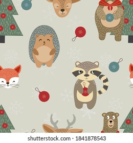 Holiday Character Vector Seamless Pattern. Reindeer and Raccoon Cute Wallpaper. Happy Deer and Fox Texture. Drawing Print.