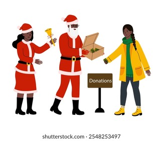 Holiday charity event with volunteers and donations in a festive atmosphere