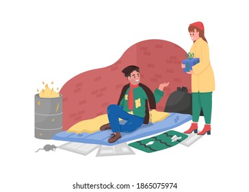 Holiday charity for homeless 2D vector web banner, poster. Give gift. Man beggar and woman volunteer flat characters on cartoon background. Donation to poor printable patch, colorful web element