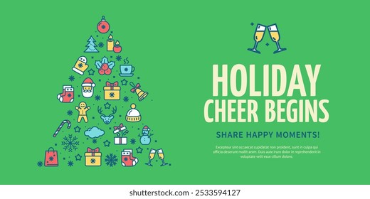 Holiday Cheer Begins Merry Christmas and Happy New Year Concept Horizontal Invitation Placard Poster Banner Card Template. Vector illustration