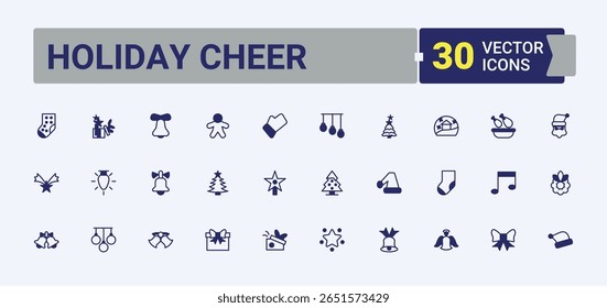 Holiday Cheer icon set. Included outline, star, snowman, santa, reindeer and more. Christmas icon pack. Minimalist icons pack. Solid line editable stroke. Vector collection.