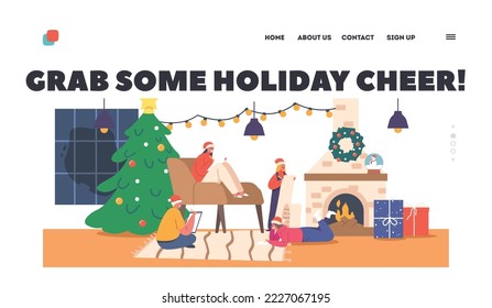 Holiday Cheer Landing Page Template. Children Write Letter to Santa Claus at Christmas Eve. Little Kids Characters Wear Red Hats Writing Wish List in Room with Fire Place. Cartoon Vector Illustration