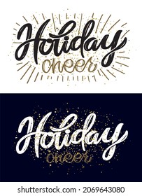 Holiday cheer! Merry Christmas holiday folk art card collection. Merry Christmas and Happy New Year! Lettering Christmas postcard. Winter holiday pattern background.