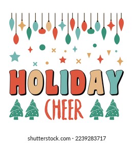 Holiday Cheer Merry Christmas Lettering. Christmas Vector. Christmas Tree, Xmas Light, Stars 3d Retro design. Vintage Christmas