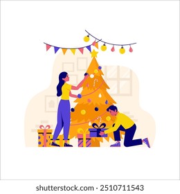  holiday cheer where a couple is engaged in decorating a Christmas tree. The female figure is placing a star on top, while the male figure is arranging gifts underneath. The tree is adorned with color