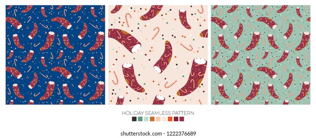 Holiday cheerful seamless pattern. Lovely winter illustration with cute and character traditional nordic elements in scandinavian style. Vector. Good fabric design and wrapping paper