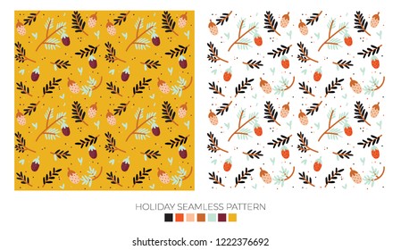 Holiday cheerful seamless pattern. Lovely winter illustration with cute and character traditional nordic elements in scandinavian style. Vector. Good fabric design and wrapping paper