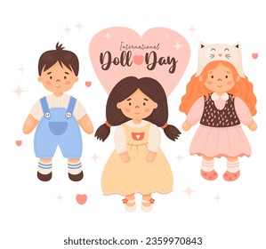 Holiday Children Day card. Kids doll toys. Cute girls with hairstyle in dress and funny boy in blue overalls. Vector illustration. Holiday card in cartoon style.