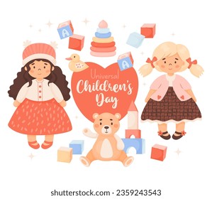 Holiday Children Day. Kids toys. Cute girls doll blonde and brunette, plush toy bear, cubes, pyramid with duck. Vector illustration. Holiday card in cartoon style