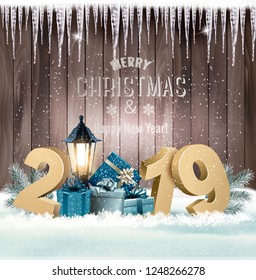 Holiday christmas background with 2019 and gift boxes and landscape. Vector