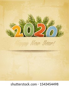 Holiday Christmas Background with 2020 made in paper and branch of tree. Vector