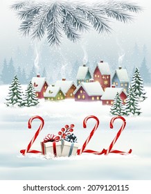 Holiday christmas background with 2022 and gift boxes and landscape with winter village and christmas branch of tree. Vector