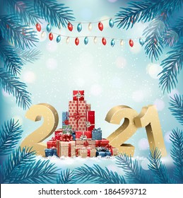 Árbol abstracto de fondo navideño hecho de cajas de regalo y oro 2020. Vector
