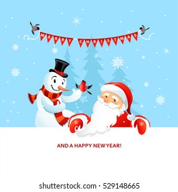 Holiday Christmas background for banners, advertising, leaflet, cards, invitation and so on. Santa Claus, snowman cartoon characters. Handwritten Christmas Inscription.
