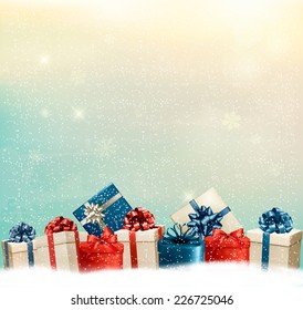 Holiday Christmas Background With A Border Of Gift Boxes. Vector.